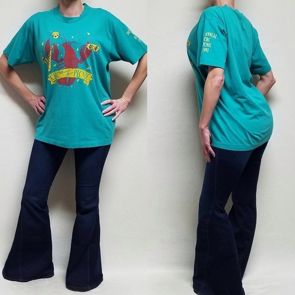 VINTAGE 1993 OOAK Mardi Gras Picnic Turquoise Sax Lobster Single Stitch Tee L - Picture 1 of 13